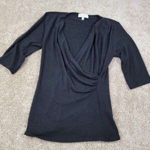 Michael Stars Black Draped Faux Wrap 3/4 Sleeve Top Women's Size M